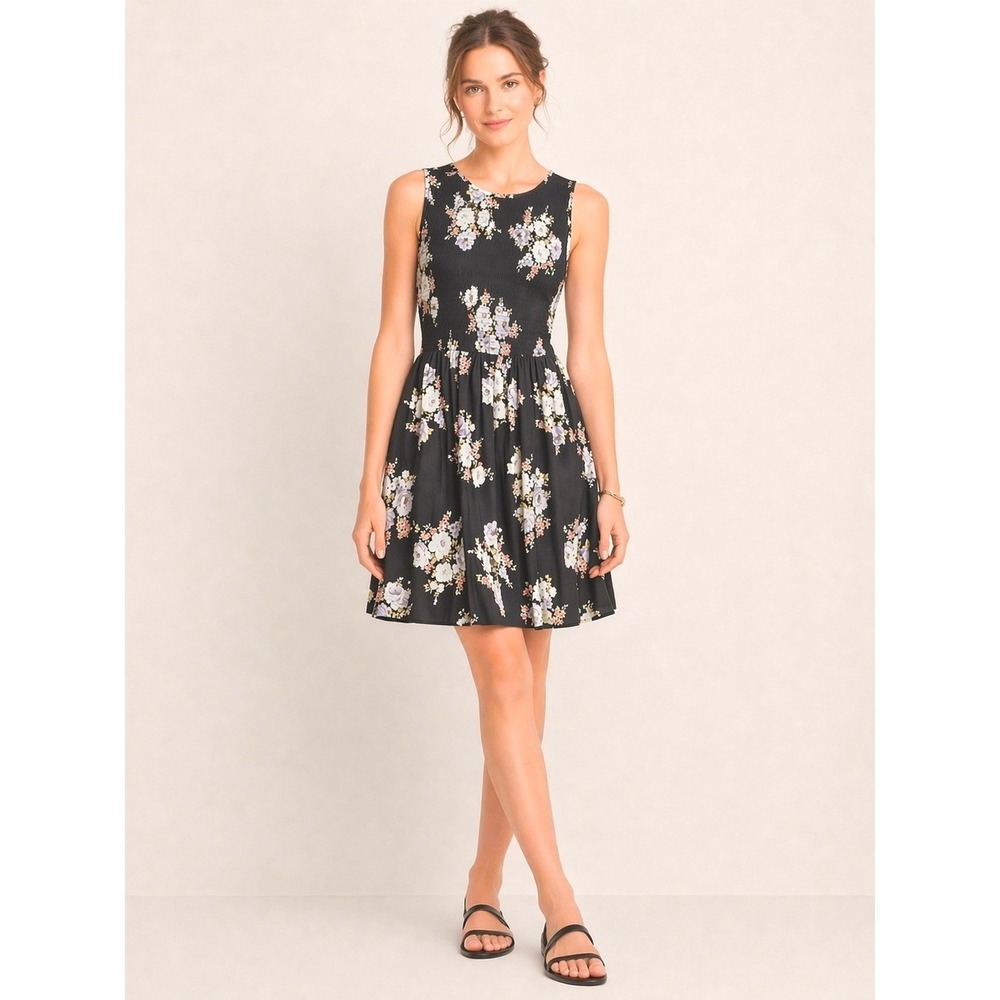 LOFT Black Floral Sleeveless Mini Dress